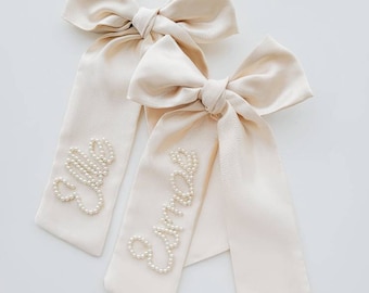 Bespoke Ivory Custom Name Beaded Bow With Pearls