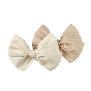 Cream Cotton Over-sized Bow With Embroidered Name Personalized