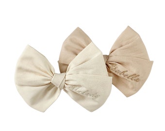 Cream Cotton Over-sized Bow With Embroidered Name Personalized