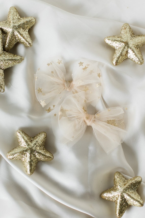 Stars Tulle Gold Bows- Baby Tulle Bow clips headband pastel sparkly  birthday bows