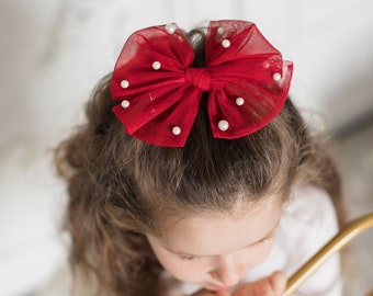 Janie Bow- Red Tulle Pearl Birthday Christmas Holiday  Bow