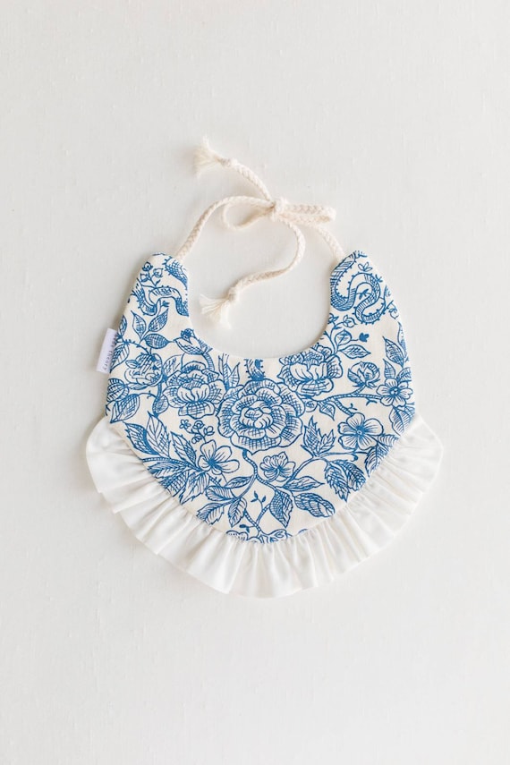 CUSTOM Name Embroidered Reversible Bib - French Blue Toile - Pretty bib,  Baby Girl Bib , Drool bib, 100 % Cotton