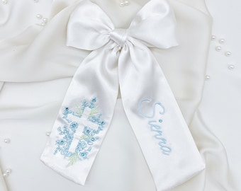 Blue Cross Christian Faith Baptism Easter Hair Bow Custom Name Embroidered