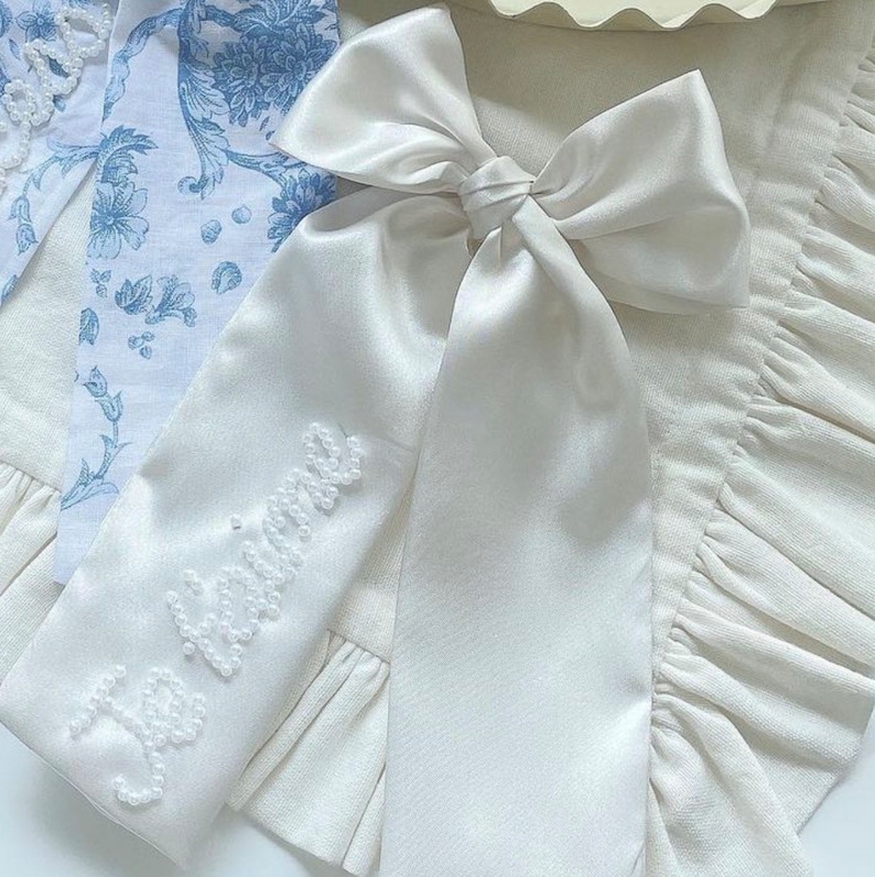 Ivory Satin Custom Name Beaded Bow With Pearls Bridal image 5