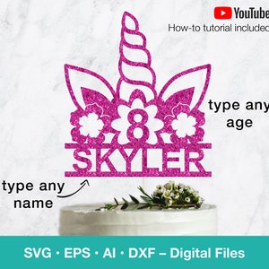 Eenhoorn SVG taarttopper; Personaliseer de naam en leeftijd van het feestvarken ter decoratie; SVG-bestanden voor Cricut