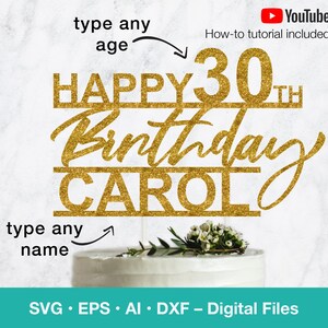May include: Gold glitter cake topper with the text "HAPPY 30TH BIRTHDAY CAROL". The topper is on a white cake with a small bouquet of white flowers.