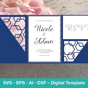 Modello per invito di nozze, cartella tascabile geometrica 5x7 Cricut Trifold, design SVG esagonale tagliato al laser, G100