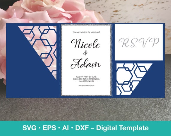 Download Wedding Invitation Template Geometric 5x7 Cricut Trifold Pocket Folder Laser Cut Hexagon Svg Design G100