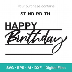 May include: Black and white digital design file for a Happy Birthday sign with lines for a name and age. The file is available in SVG, EPS, AI, and DXF formats.