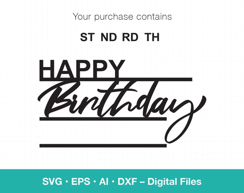 May include: Black and white digital design file for a Happy Birthday sign with lines for a name and age. The file is available in SVG, EPS, AI, and DXF formats.
