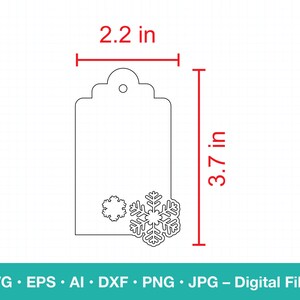 May include: A black and white outline of a gift tag with a snowflake design. The tag is 3.77 inches tall and 2.2 inches wide.