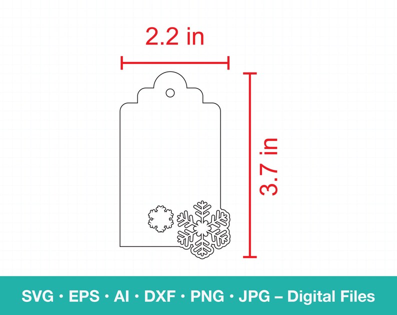 May include: A black and white outline of a gift tag with a snowflake design. The tag is 3.77 inches tall and 2.2 inches wide.