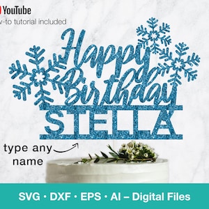 Topper de bolo de feliz aniversário de inverno SVG; Modelo de corte do floco de neve do país das maravilhas; Nome personalizado; arquivos svg para Cricut, Glowforge, Corte a laser