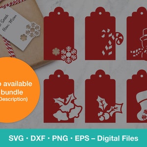 May include: Set of ten red printable gift tags with various Christmas designs, including a snowman, candy cane, holly, snowflakes, and a stocking. The text "To: Sarah From: Mom" is on one of the tags.