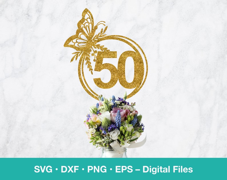May include: Gold glitter 50th anniversary cake topper with a butterfly design. The number 50 is in a circle with a butterfly on top.