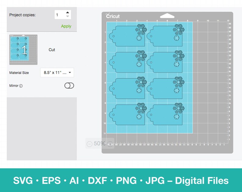 May include: A digital design for six snowflake gift tags. The tags are light blue with a snowflake design in the center. The design is shown on a digital cutting mat with a grid.
