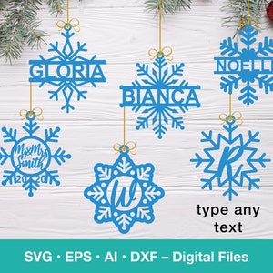 Pode incluir: Seis enfeites de floco de neve azul com texto diferente em cada um. O texto inclui "Gloria", "Bianca", "Noelle", "Mr & Mrs Smith 12020", "W" e "R". Os enfeites estão pendurados em um fundo de madeira branca.