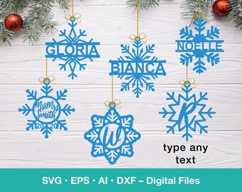 Snowflake ornament gift tag bundle SVG; Laser Cut split monogram/bauble template, Glowforge file Personalized Stocking for holiday season