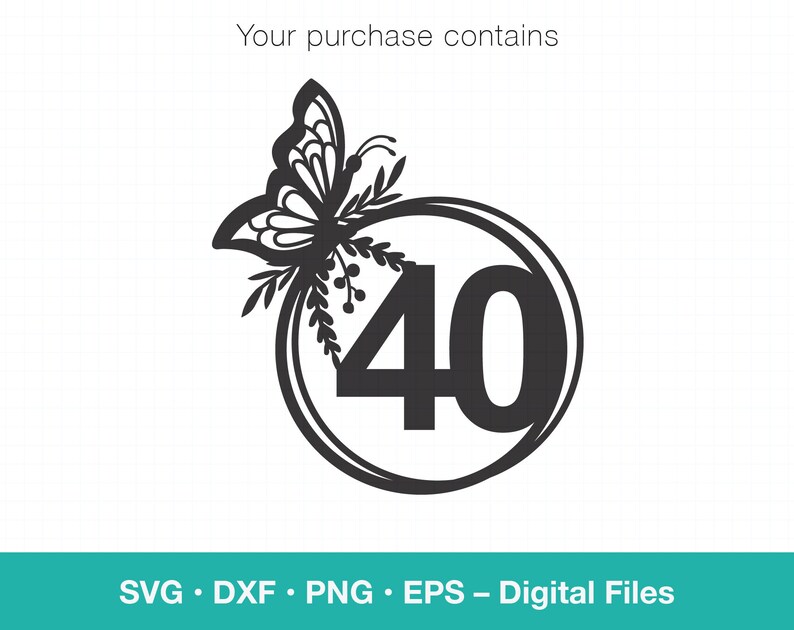 May include: Black and white digital design featuring a butterfly with floral accents surrounding the number 40 in a circle.
