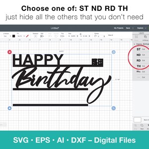 May include: A screenshot of a design program showing a black and white graphic that says "Happy Birthday". The graphic is on a grid background. The design program has a menu on the right side of the screen with options to cut the graphic in different sizes: ST, ND, RD, and TH.