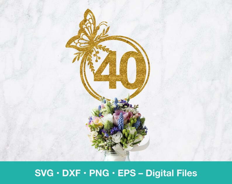 May include: Gold glitter 40th birthday cake topper with a butterfly design. The topper is in the shape of a circle with the number 40 in the center and a butterfly on the top.