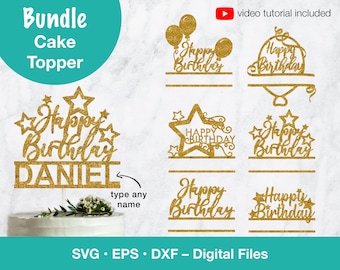 Paquete de adornos para tartas, SVG de feliz cumpleaños con archivo de nombre personalizado para decoración de fiestas; archivos SVG para Cricut, Silhouette, Glowforge, corte láser