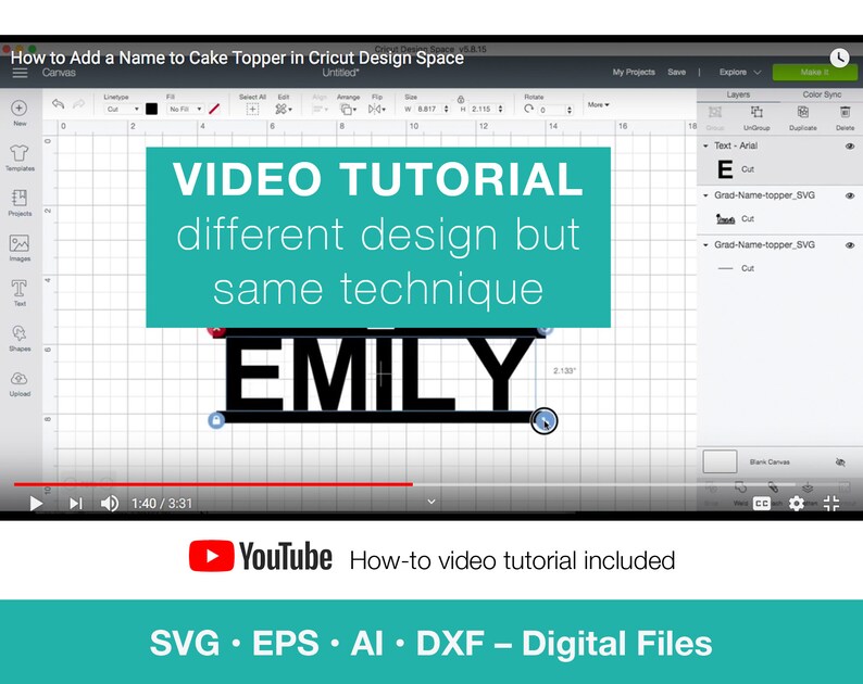 May include: A screenshot of a computer screen showing a Cricut Design Space project with the word "EMILY" in black text. The text is on a white background with a grid pattern. The screen also shows a video tutorial on how to add a name to a cake topper. The video tutorial is titled "VIDEO TUTORIAL different design but same technique".