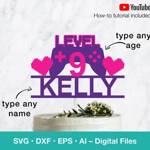 Topper de pastel svg en capas de jugador; Personalice el nombre y la edad de la cumpleañera para la fiesta; archivos svg para Cricut, Silueta