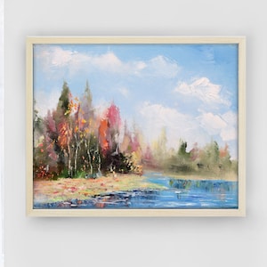 Fall Painting Autumn Artwork Lake Wall Art Evergreen Tree Pine Painting Original Fall Minnesota Ladnscape 11x14&quot; Canvas by Sofya Shafto