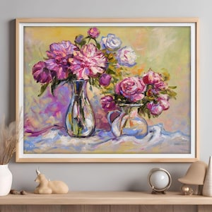 Floral Still Life - Original Oil Painting with Peonies and Roses Floral Art Canvas Wall Art Kitchen Wall Decor Impasto Artwork Flowers