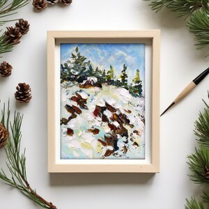 Mountain Painting Colorado Original Art Winter Landscape Pine Tree Original Artwork Small Wall Art Oil Painting 5x7&quot; by Sofi Shafto