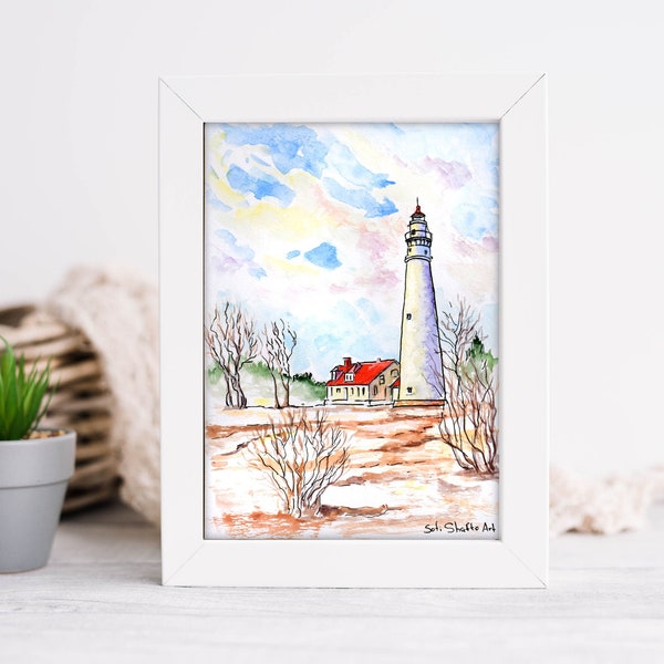 Wisconsin Original Painting Wind Point Lighthouse Painting Lake Michigan Original Art Small Watercolor Landscape Artwork 6x8" by Sofi Shafto