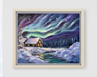 Aurora Borealis Painting Snowy Northern Lights Artwork Night Sky Original Christmas Minnesota Landscape Wall Art 11x14" by Sofi Shafto Art