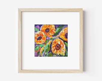 Sunflower Painting Floral Original Artwork Impasto Small Wall Art Flower 3x3"  by Sofi Shafto