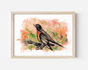 Robin Painting Bird Original Art Impasto Artwork Small Painting Wall Art Canvas Board 5x7" Bird Art by Sofi Shafto