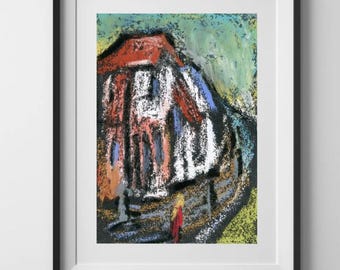 Scotland Painting Original ACEO Medieval Culross Old City Street Pastel Painting (2.5x3.5")