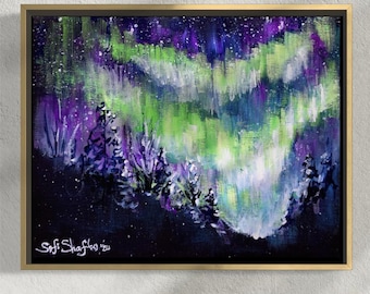 Northern Lights Painting Original 8x10, Colorful Night Sky Art Minnesota Artist