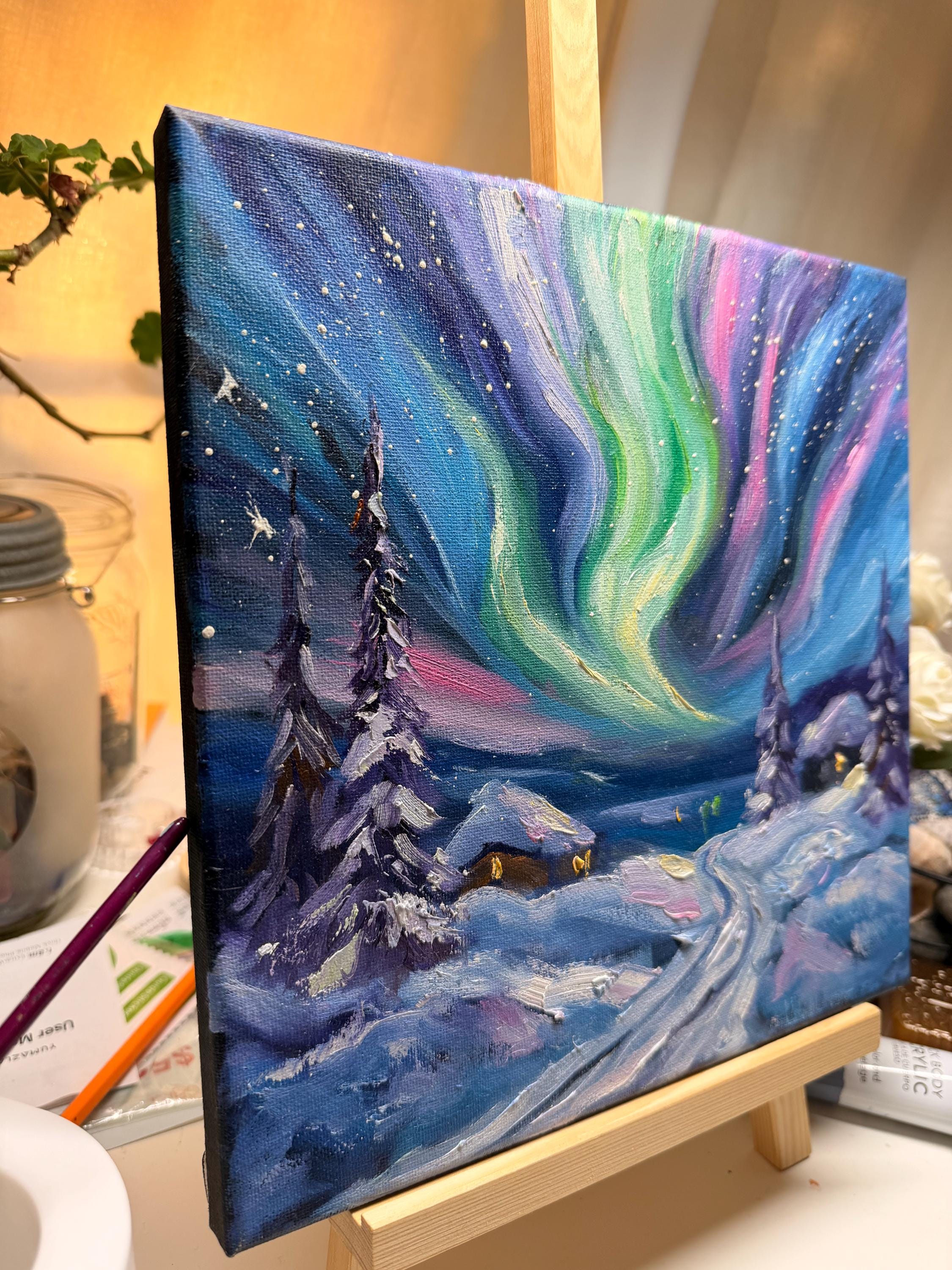 オーロラ油絵：雪景色の冬の風景、ミネソタ州（12x12インチ） - Etsy 日本