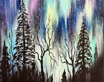 Northern Lights Painting: Minnesota Landscape Acrylic Artwork (12x16")