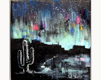 Cactus Painting Saguaro Original Art Arizona Northern Lights Canvas Night Sky Artwork Desert Small 8x8" Art by Sofi Shafto