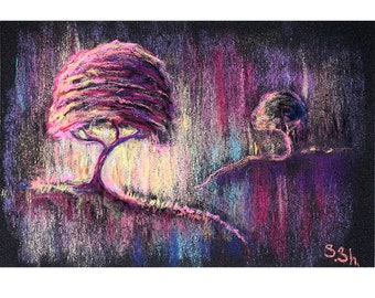 Tree Painting Original Soft Pastel Abstract Ladnscape Modern Colorful Artwork 6x9" by Sofya Shafto