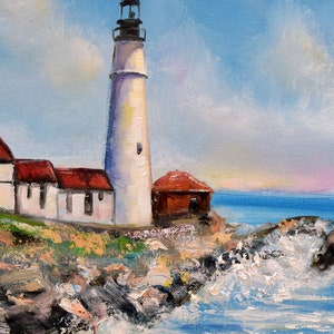 Lighthouse Oil Painting on Canvas Seascape Wall Art, Portland Head light, Maine Original Artwork 16x20 by Sofi Shafto image 3
