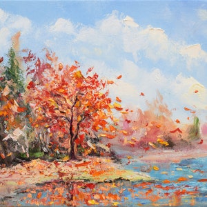 Fall Painting Autumn Artwork Lake Wall Art Maple Tree Pine Painting Original Fall Minnesota Ladnscape 11x14&quot; Canvas by Sofi Shafto