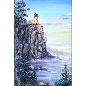 Split Rock Lighthouse Painting Canvas Original Art 18x24&quot;, Lake Superior Landscape Wall Art by Sofya Shafto