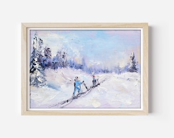 Winter Skiing Painting Original 5x7, Snow Landscape Oil Art Minnesota