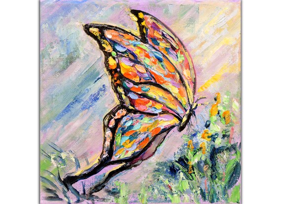 絵画 butterfly Butterfly Oil Painting: Colorful Floral Impasto Art, 8x8 Canvas - Etsy