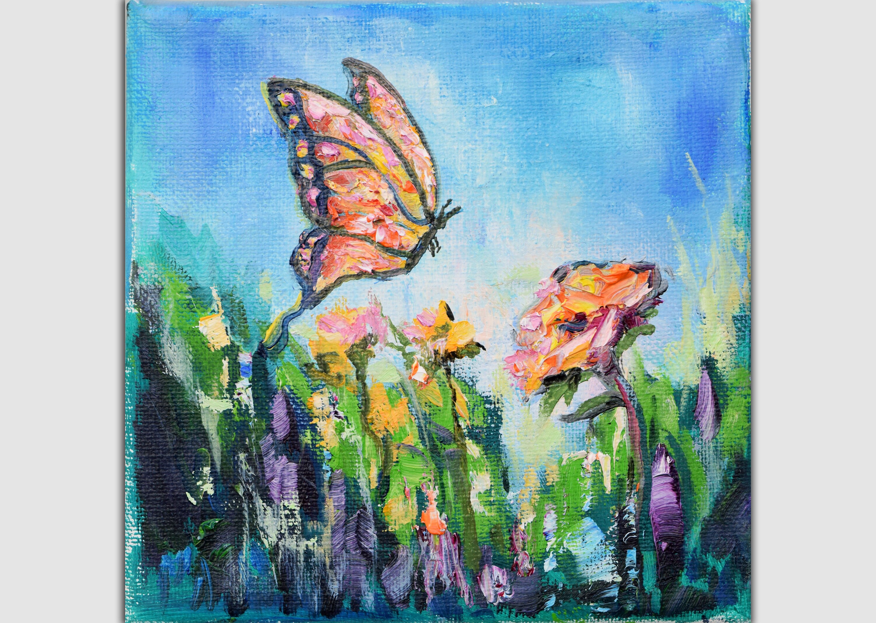 6x6 Original Art, Floral, Flowers, Butterflys, Mini Canvas Painting. 