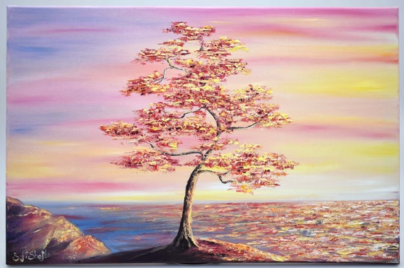 Tree of Life Original Oil Painting Canvas 24x36 Landscape, Sea, Sunset Wall  Art Modern Abstract Colorful Art Impasto by Sofi Shafto 