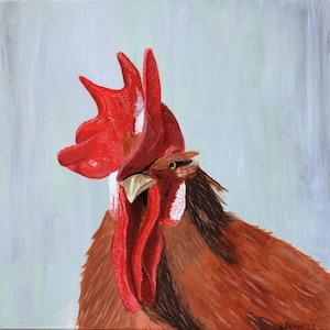 Rooster Painting Chicken Original Acrylic Artwork Animal Wall Art Farmhouse Art on Panel 10x10" Hen Art Ready to hang