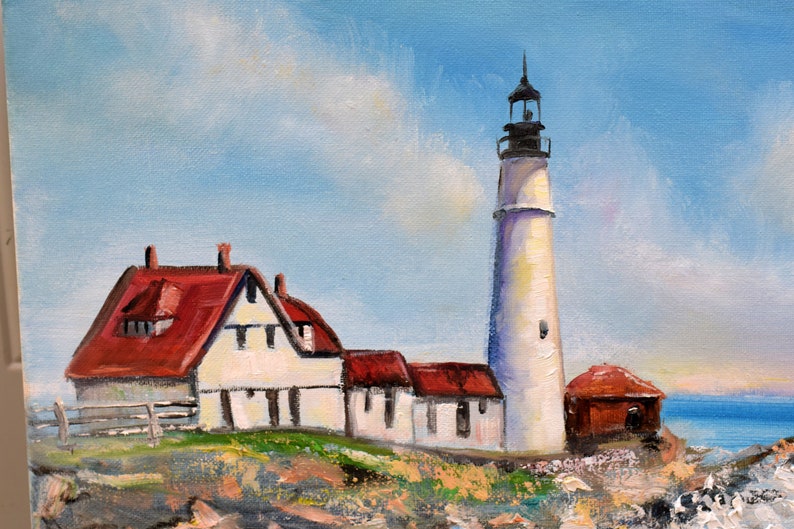 Lighthouse Oil Painting on Canvas Seascape Wall Art, Portland Head light, Maine Original Artwork 16x20 by Sofi Shafto image 4